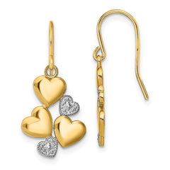 14K w/Rhodium Polished Hearts Shepherd Hook Earrings