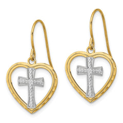 14K w/Rhodium Cross In Center Heart Earrings