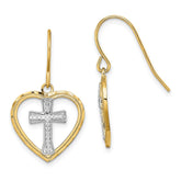 14K w/Rhodium Cross In Center Heart Earrings