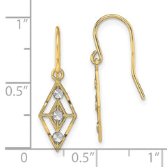 14K w/Rhodium Diamond-cut Small Diamond Shape Wire Earrings
