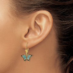 14K w/Aqua Enameled Wings Butterfly Leverback Earrings