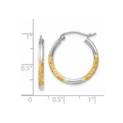 14k w/White Rhodium 2mm Satin and Polished Diamond-cut Hoop Earrings - 2