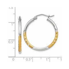 14k w/White Rhodium 2mm Satin and Polished Diamond-cut Hoop Earrings