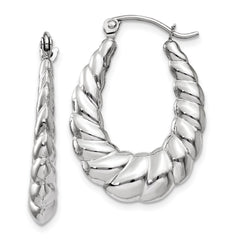 14k White Gold Polished and Textured Oval Hoop Earrings - 2
