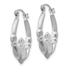 14k White Gold Satin and Diamond-cut Claddagh Hoop Earrings - 2