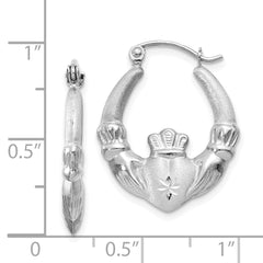 14k White Gold Satin and Diamond-cut Claddagh Hoop Earrings - 2