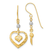 14k Two-tone Satin D/C Heart Dangle Shepherd Hook Earrings - 2