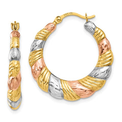 14K & White and Rose Rhodium Hollow Scalloped Hoop Earrings - 2