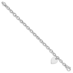14k White Gold Engravable 19x13mm Solid Dangle Heart Charm and Solid Polished Link 8.5 inch Bracelet