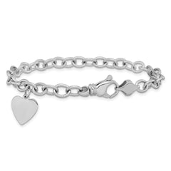 14k White Gold Engravable 19x13mm Solid Dangle Heart Charm and Solid Polished Link 8.5 inch Bracelet