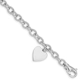 14k White Gold Engravable 19x13mm Solid Dangle Heart Charm and Solid Polished Link 8.5 inch Bracelet