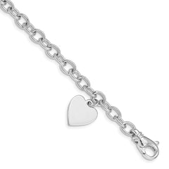 14k White Gold Engravable 19x13mm Solid Dangle Heart Charm and Solid Polished Link 8.5 inch Bracelet