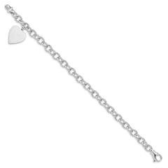 14k White Gold Engravable 23x17mm Solid Dangle Heart Charm and Solid Polished Link 8.5 inch Bracelet