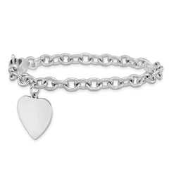 14k White Gold Engravable 23x17mm Solid Dangle Heart Charm and Solid Polished Link 8.5 inch Bracelet