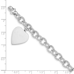 14k White Gold Engravable 23x17mm Solid Dangle Heart Charm and Solid Polished Link 8.5 inch Bracelet