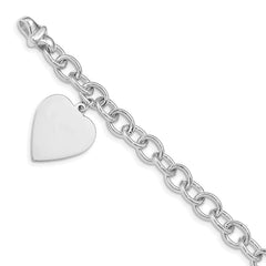 14k White Gold Engravable 23x17mm Solid Dangle Heart Charm and Solid Polished Link 7.5 inch Bracelet