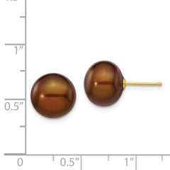 14k 10-11mm Brown Button Freshwater Cultured Pearl Stud Post Earrings