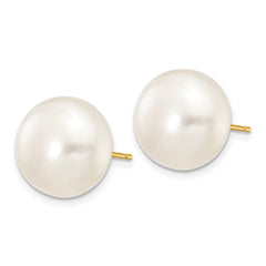 14k 12-13mm White Button Freshwater Cultured Pearl Stud Post Earrings