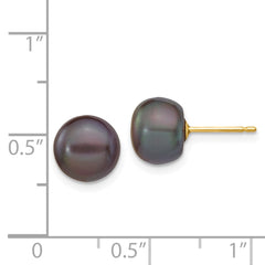 14k 8-9mm Black Button Freshwater Cultured Pearl Stud Post Earrings
