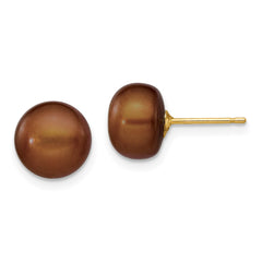 14k 8-9mm Brown Button Freshwater Cultured Pearl Stud Post Earrings
