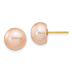 14k 9-10mm Pink Button Freshwater Cultured Pearl Stud Post Earrings