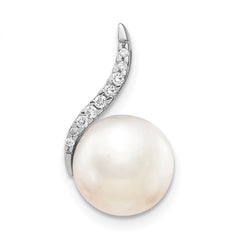 14k White Gold 9-10mm White Button FWC Pearl and Diamond Pendant