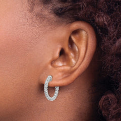 14k White Gold Diamond Round Hoop w/Safety Clasp Earrings - 12