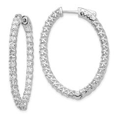 14k White Gold Diamond Oval Hoop w/Safety Clasp Earrings - 3