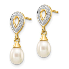 14k 7x5mm White Teardrop FWC Pearl .01ct Diamond Dangle Earrings - 2
