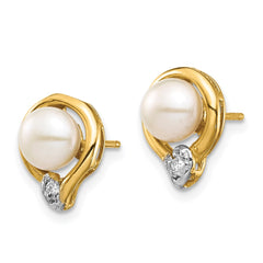 14k 5-6mm White Button Freshwater Cultured Pearl and .02 Carat Diamond Post Earrings - 2