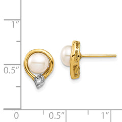 14k 5-6mm White Button Freshwater Cultured Pearl and .02 Carat Diamond Post Earrings - 2