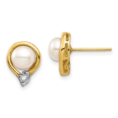 14k 5-6mm White Button Freshwater Cultured Pearl and .02 Carat Diamond Post Earrings - 2