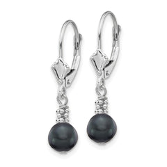 14k White Gold 5-6mm Black Semi-round Freshwater Cultured Pearl Dangle Leverback Earrings