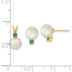 14k 7-8mm White Round Freshwater Cultured Pearl and .21EM Emerald Post Earrings and Pendant Set