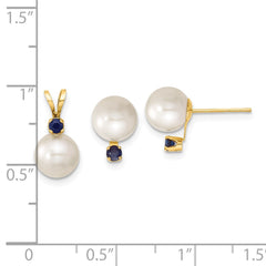 14k 7-8mm White Round Freshwater Cultured Pearl and .30SA Sapphire Post Earrings and Pendant Set