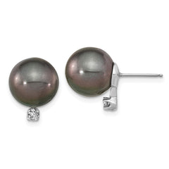 14k White Gold 10-11mm Black Round Tahitian Saltwater Cultured Pearl and .10 Carat Diamond Post Earring