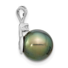 14k White Gold 10-11mm Round Black Tahitian Saltwater Cultured Pearl and .05 Carat Diamond Pendant