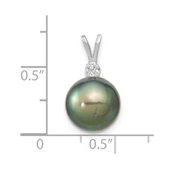 14k White Gold 10-11mm Round Black Tahitian Saltwater Cultured Pearl and .05 Carat Diamond Pendant