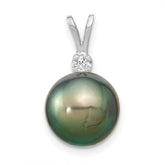 14k White Gold 10-11mm Round Black Tahitian Saltwater Cultured Pearl and .05 Carat Diamond Pendant