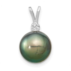 14k White Gold 10-11mm Round Black Tahitian Saltwater Cultured Pearl and .05 Carat Diamond Pendant