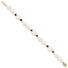 14K 6-7mm White Semi-Round and Rice Freshwater Cultured Pearl and Garnet Beads 7.25 inch Bracelet