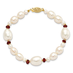 14K 6-7mm White Semi-Round and Rice Freshwater Cultured Pearl and Garnet Beads 7.25 inch Bracelet