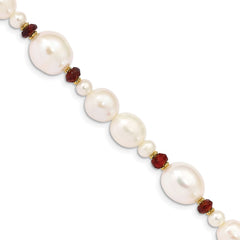 14K 6-7mm White Semi-Round and Rice Freshwater Cultured Pearl and Garnet Beads 7.25 inch Bracelet