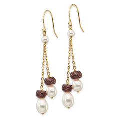 14k 6-7mm White Rice Freshwater Cultured Pearl and 4.0GA Garnet Double Chain Dangle Earrings