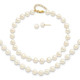 14k 6-7mm White Round Freshwater Cultured Pearl 7.25 inch with 1 Extender Bracelet/18 inch with 2 inch Extender Necklace/Button Earrings Set