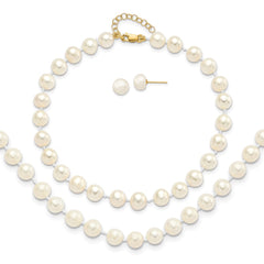 14k 6-7mm White Round Freshwater Cultured Pearl 7.25 inch with 1 Extender Bracelet/18 inch with 2 inch Extender Necklace/Button Earrings Set