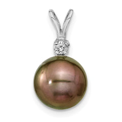 14k White Gold 9-10mm Black Round Tahitian Saltwater Cultured Pearl and .05 Carat Diamond Pendant