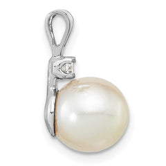 14k White Gold 9-10mm White Round South Sea Saltwater Cultured Pearl and .05 Carat Diamond Pendant
