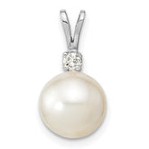 14k White Gold 9-10mm White Round South Sea Saltwater Cultured Pearl and .05 Carat Diamond Pendant