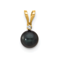 14k 5-6mm Black Round Akoya Saltwater Cultured Pearl and .01 Carat Diamond Pendant